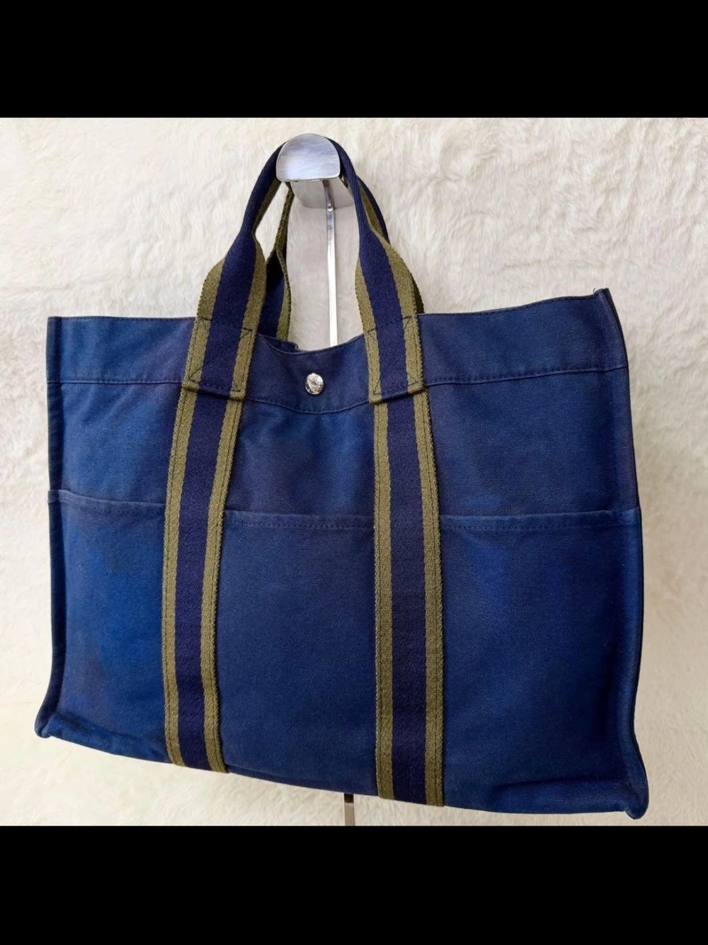 Hermes Navy Canvas Tote with Olive-Trim Straps